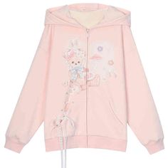 Embrace the perfect blend of cuteness and comfort with this delightful hoodie. Featuring an enchanting Teddy print on the front, this hoodie is a must-have for anyone who loves kawaii fashion. Stylish lace-up detail adds an extra layer of charm and uniqueness. Cute bowknots and flowers adorn the hoodie, enhancing its kawaii appeal. Convenient front pocket for keeping your hands warm or storing small essentials. Easy-to-use zip closure for quick and hassle-free wear.  Garment Size   	 		 			Size Harajuku Decora, Light Pink Jacket, Rose Hoodie, Lace Hoodie, Steampunk Fashion Male, Gothic Skirts, Pink Teddy, Kawaii Fashion Outfits, Pink Jacket