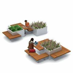 two people sitting at wooden benches with plants growing in the planter boxes on them