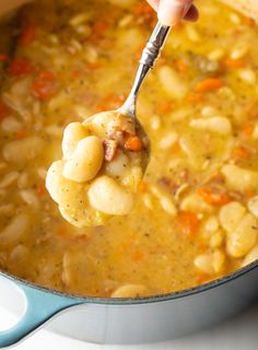 a person holding a ladle full of soup with beans and carrots in it