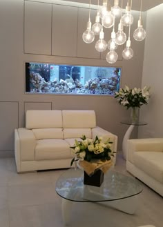 a living room filled with furniture and a fish tank