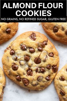 chocolate chip cookies with text overlay that says almond flour cookies no eggs, no grains, no dairy