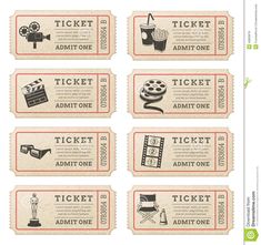 four tickets with different types of movies and filmstrips on them, one for each ticket