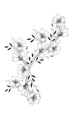 a black and white drawing of flowers on a white background