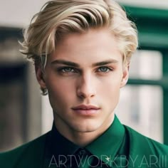 a young man with blonde hair wearing a green shirt and tie, looking at the camera