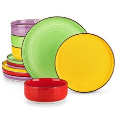 a stack of colorful plates sitting next to each other