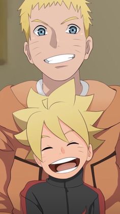 two anime characters one with blonde hair and the other with blue eyes, are smiling