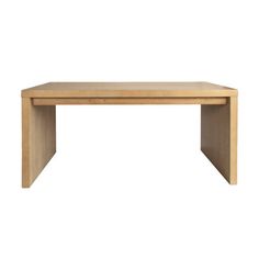 a wooden table sitting on top of a white wall