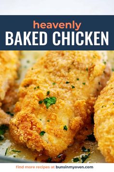 baked chicken on a plate with parsley in the middle and text overlay that reads heavenly baked chicken