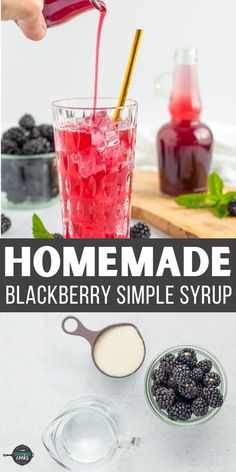 homemade blackberry simple syrup is poured into a glass and garnished with fresh blackberries