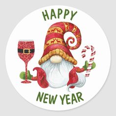 Funny New Year Party Gnome Classic Round Sticker Size: Large, 3 inch. Color: gold. Gender: unisex. Age Group: adult. Pattern: striped. Happy New Year Gnomes, Santa Party, Funny Gnomes, Funny New Year, Christmas Rock, Funny Santa, New Year Party, Funny New, Gnomes Crafts