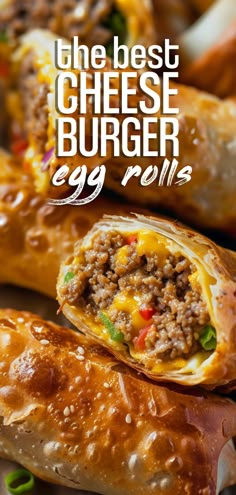 the best cheeseburger egg rolls are made with ground beef, cheese and lettuce