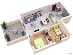 an overhead view of a two bedroom apartment with living room and dining area in the center