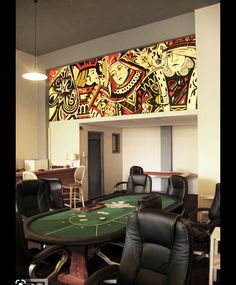 a casino table with black chairs and an art piece on the back wall above it