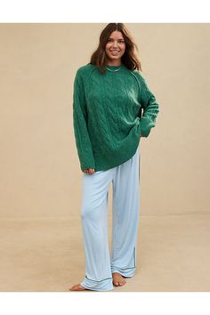 The best of both worlds! unREAL sweater fabric is super cozy AND breathable./Pretty cable-knit deets/Raglan sleeves for easy layering/Ribbed deets on the neck, cuffs and hem Casual Cable Knit Sweater For Loungewear, Casual Cable Knit Sweater For Layering, Cozy Cable Knit Sweater In Relaxed Fit, Casual Cable Knit Sweater, Cozy Cable Knit Sweater For Loungewear, Cozy Cable Knit Loungewear Sweater, Trendy Relaxed Fit Cable Knit Sweater, Cable Knit Crew Neck Sweater For Loungewear, Cable Knit Sweater For Loungewear