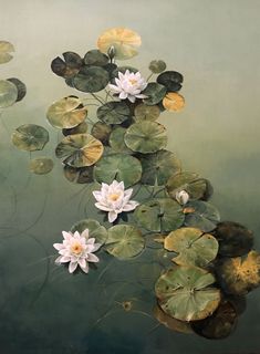 a painting of water lilies and leaves floating on top of each other in a pond