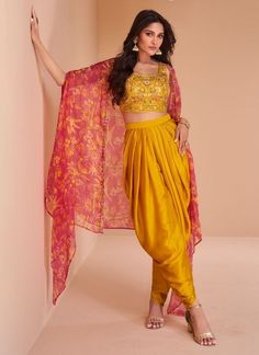 Yellow satin readymade dhoti set cape suit 5352 Patiala Salwar Suits, Haldi Outfit, Diwali Outfits, Bollywood Outfits, Yellow Satin