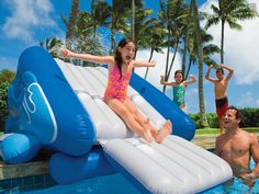 two children and an adult are playing in the pool with water slides that look like dolphins