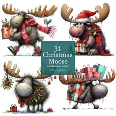 christmas moose clipart set with presents and reindeers wearing hats, scarfs and scarves