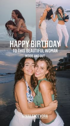 two beautiful women hugging each other on the beach with caption happy birthday to this beautiful woman inside and out