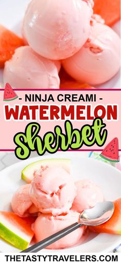 watermelon sherbet ice cream in a white bowl