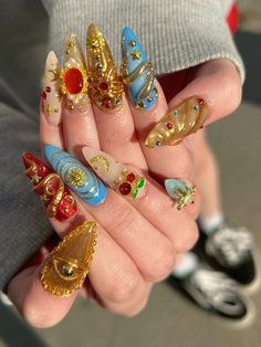 Chunky Nails Aesthetic, Nail Art Maximalist, Maximalist Fall Nails, Christmas Nails Maximalist, Insane Nail Designs, Chappel Roan Nails, Maximalist Christmas Nails, Maximalist Nail Art, Maximalist Nails Almond