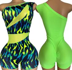 two female mannequins wearing neon green and blue bodysuits with one woman's torso cut out