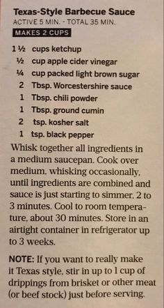 the recipe for texas style barbecue sauce is shown in an article about how to make it