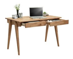 a laptop computer sitting on top of a wooden desk next to a potted plant