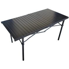 an outdoor table that is black and has metal legs