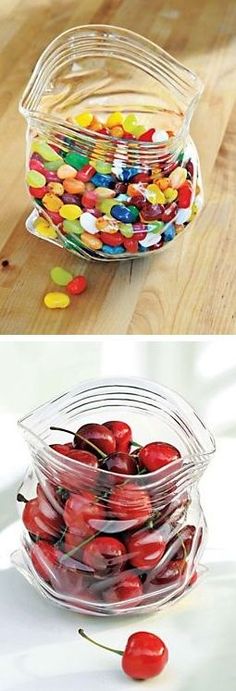 there are two pictures with candy in the same bowl and one has cherries on it