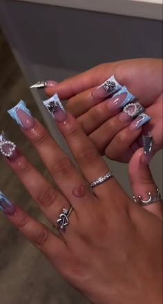 Silver Duck Nails Acrylic, Freestyle French Tip Nails Short, French Tip Duck Nails With Charms, Cute Nails Acrylic Black Women, Short Duck Nails Acrylic Y2k, Bad And Boujee Nails Medium, Short Freestyle Nail Designs, Duck Nail Designs With Charms, Medium Junk Nails