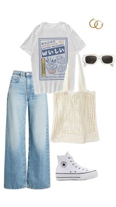 a pair of jeans, white t - shirt and converse sneakers are featured in this image