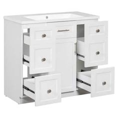 a white bathroom vanity with two drawers and one door open to reveal the bottom drawer