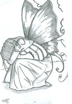 a drawing of a woman laying on the ground next to a butterfly with her eyes closed