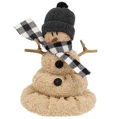 a snowman with a scarf and hat on it's head is sitting in front of a white background