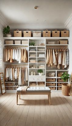 an organized walk in closet with clothes and baskets