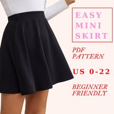 a woman wearing a skirt with the text easy mini skirt pattern us 0 - 22 beginner friendly