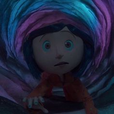 an animated character with blue hair and eyes sitting in front of a purple tunnel, looking at the camera