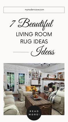 a living room with couches and chairs in it, the words 7 beautiful living room rug