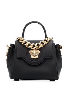 black leather Medusa plaque detail foldover top single rounded top handle internal slip pocket gold-tone hardware adjustable-length chain Black Versace Bag, Versace Bags Women, Versace Clothes, Versace Purses, Versace Bag, Versace Handbags, Versace Bags, Small Tote Bag, Black Leather Crossbody Bag