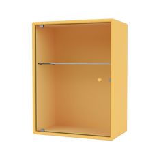 an empty yellow cabinet with two shelves on the front and one shelf in the back