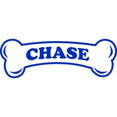 a blue and white dog bone with the word chase in it's middle corner