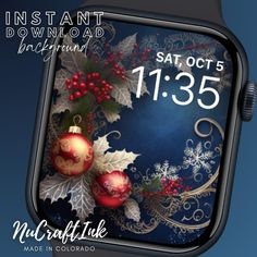 an image of a digital clock with christmas decorations and baubles on the screen