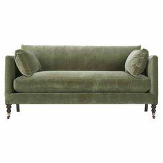 Madeline French Green Upholstered Brown Wood Brass Casters Sofa - Small - 71"W Sage Green Loveseat, Moss Green Sofa, Green Velvet Couch, Green Sofas, Nailhead Sofa, Sage Fabric, Small Sectional Sofa, Upholstery Ideas, Velvet Furniture