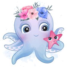 an octopus with flowers on its head and a starfish in the other's hand