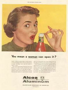 an advertisement for alcoa aluminumum with a woman holding a bottle and looking surprised