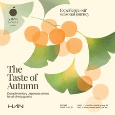 an advertisement for the taste of autumn wine tasting event, featuring oranges and green leaves