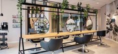 a salon with chairs, mirrors and plants on the wall