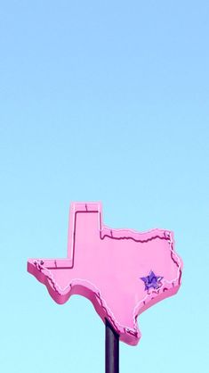 a pink street sign with the state of texas painted on it's side in front of a blue sky