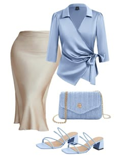 Solid Wrap Knot Side Blouse Baby Blue Elegant  Three Quarter Length Sleeve Woven Fabric Plain Top Non-Stretch  Women Clothing, size features are:Bust: ,Length: ,Sleeve Length: Luxury Light Blue Tops For Business Casual, Luxury Elegant Light Blue Tops, Luxury Light Blue Elegant Blouse, Luxury Blue Business Casual Sets, Wrap Top Outfit Classy, Elegant Clothes For Women, Light Blue Blouse Outfit, Sophisticated Style Women